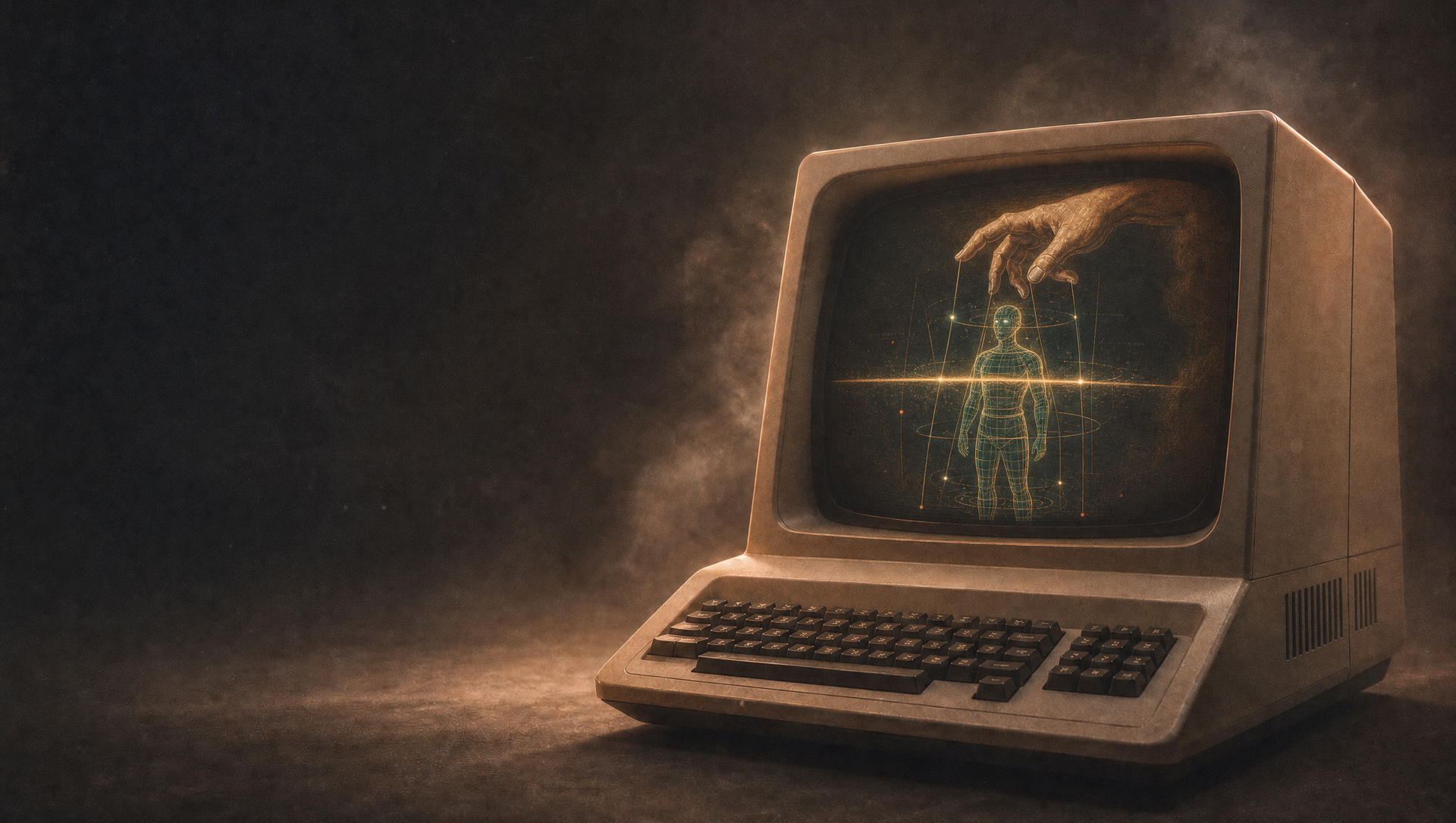 A vintage computer displaying a human-guided holographic agent